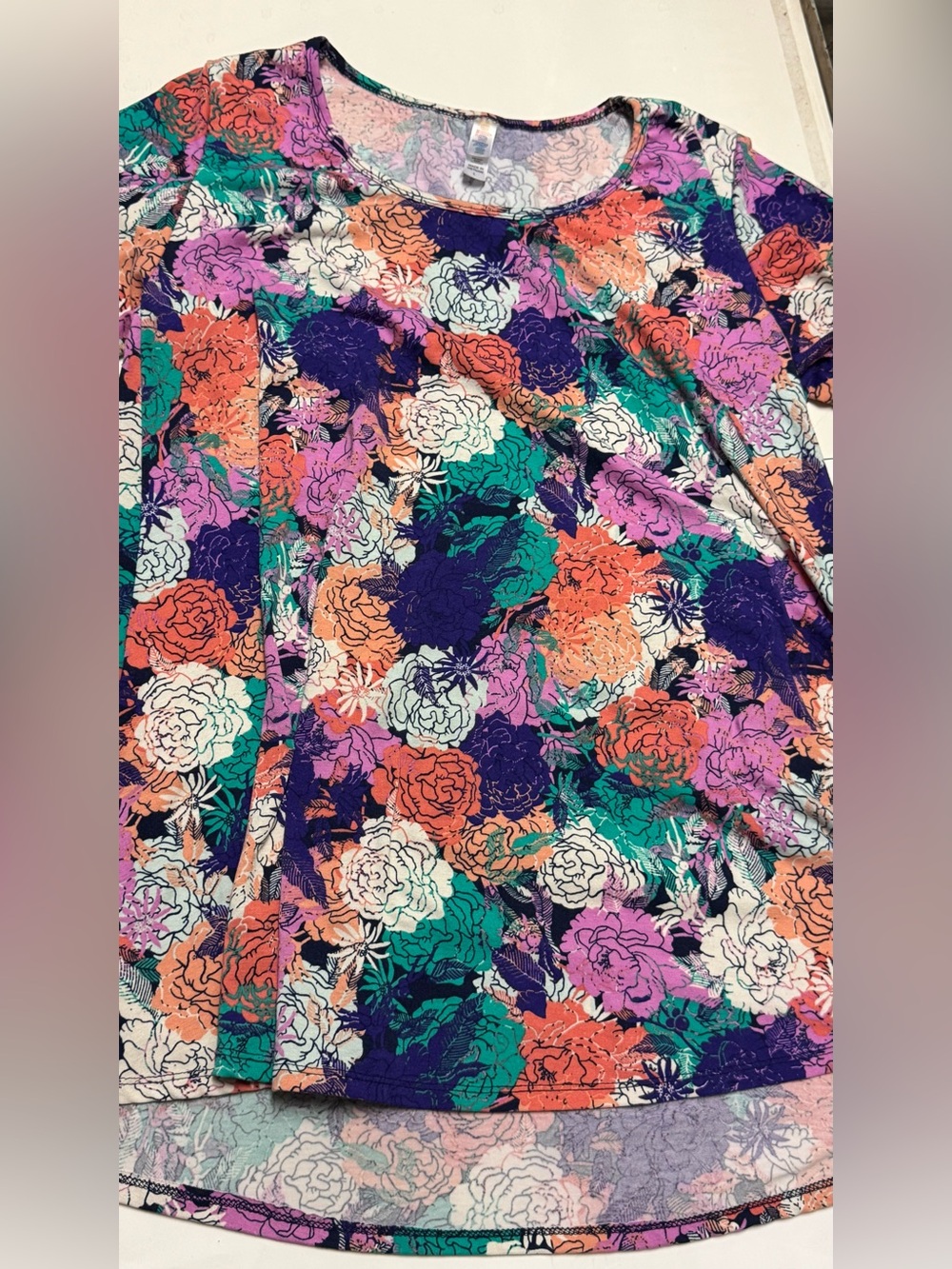 LuLaRoe Perfect T Shirt Floral Scoop Neck Top Purple Teal Orange Pink White Lg